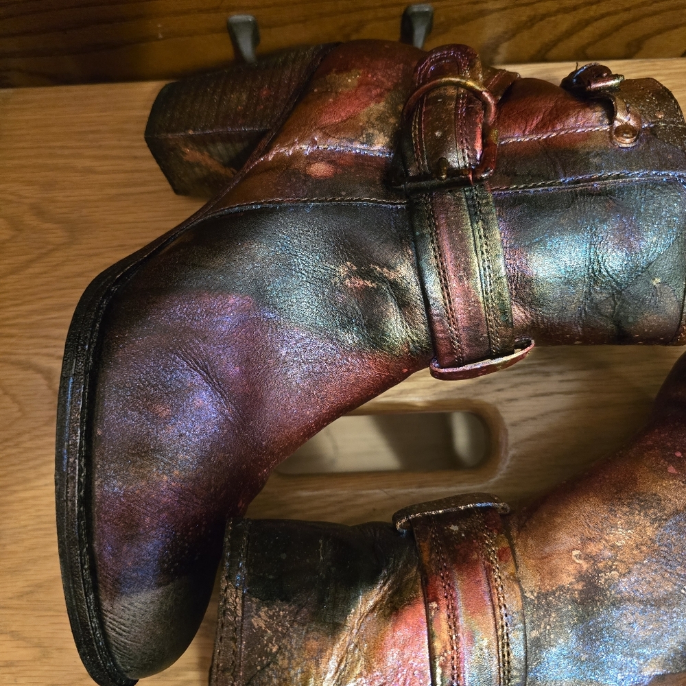 HANDCRAFTED Upcycled Leather Boots HANDPAINTED Size 9M Ankle Bootie Wearable Art - Picture 8 of 17